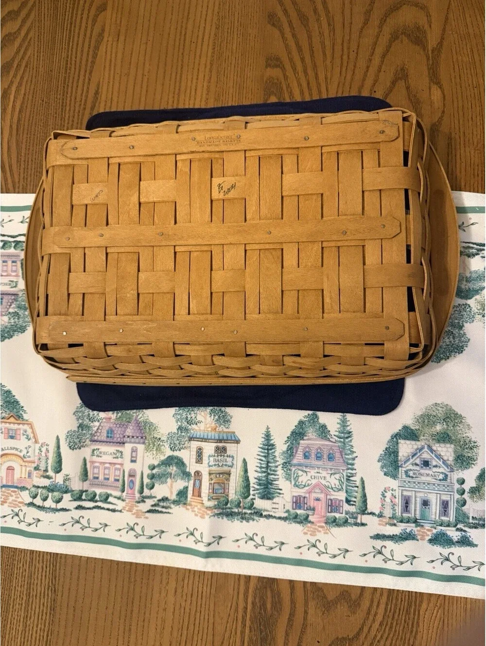 Longaberger 2004 Woven Wood Rectangle Storage Basket Blue Liner Protector